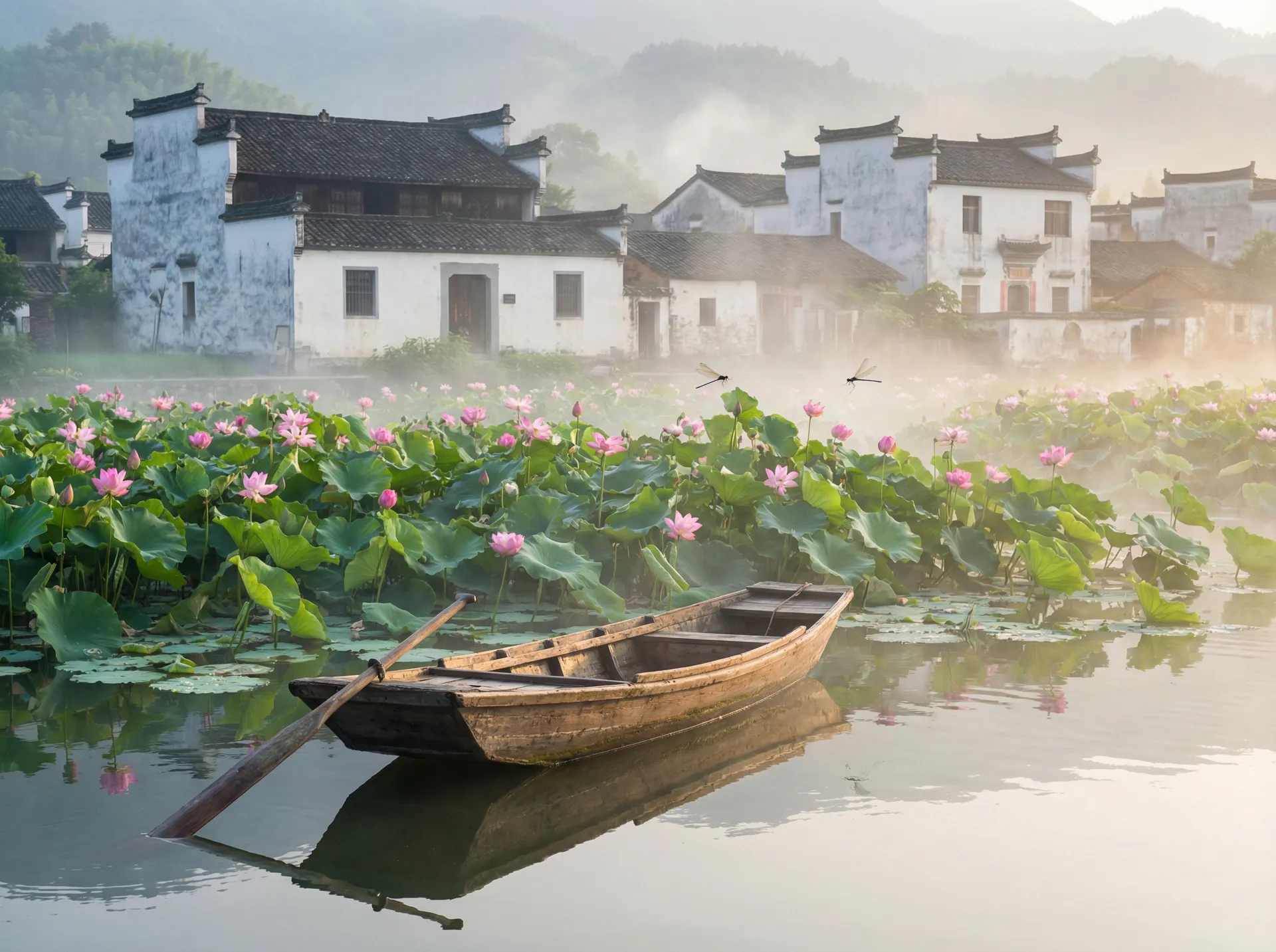 清晨荷塘小舟，粉色荷花盛开，白墙黑瓦的村庄 - 古装三级 水乡风情